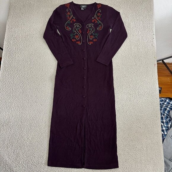 Saint Tropez West Embroidered Burgundy Duster Cardigan Sweater Maxi - Picture 9 of 16